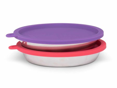 Messy Cats Stainless Saucer Shaped Bowls & Silicone Lids (Watermelon, Purple) 4pc Box Set For Cheap